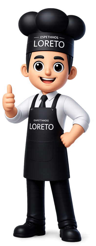 Mascote Espetinhos Loreto segurando espetinho